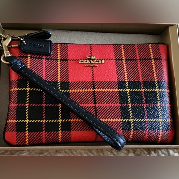Coach Handbags - Coach Red Plaid Leather Wristlet Wallet